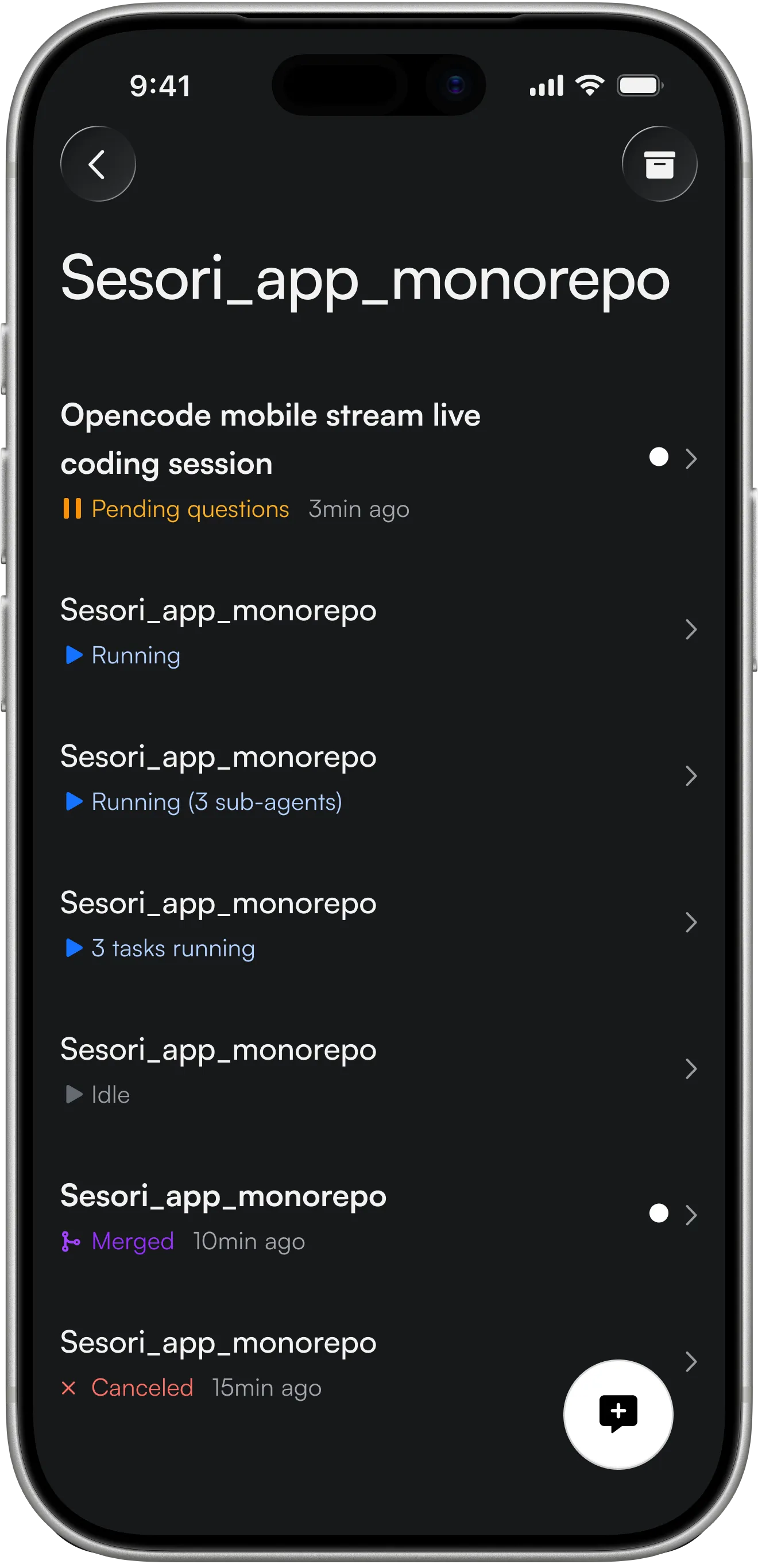 Sesori session list on iPhone