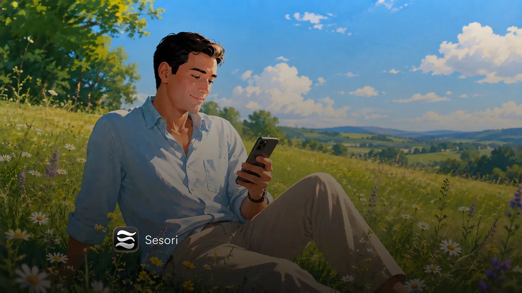 Illustration of a developer using Sesori on a phone in a sunny field